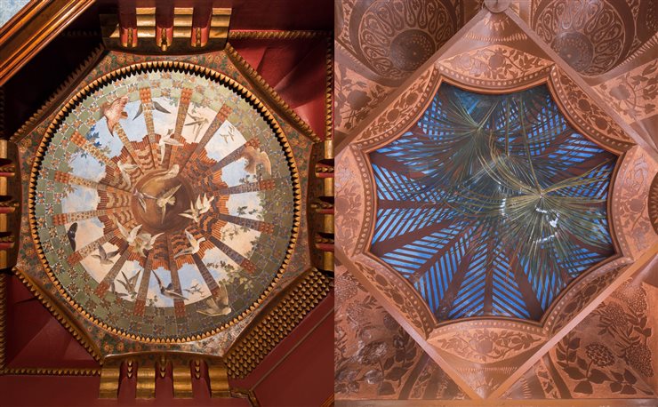 Dos imágenes que muestran cúpulas interiores delicadamente decoradas de Casa Vicens.