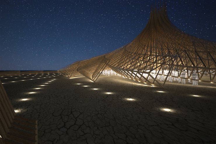 Imagen nocturna del nuevo escenario de Burning Man.
