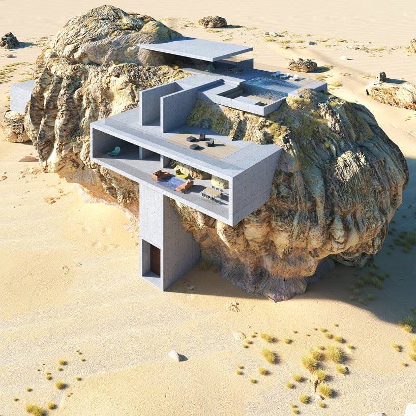 Desde esta perspectiva del render en 3D puede verse la mayor parte estructural de la 'House inside the Rock'