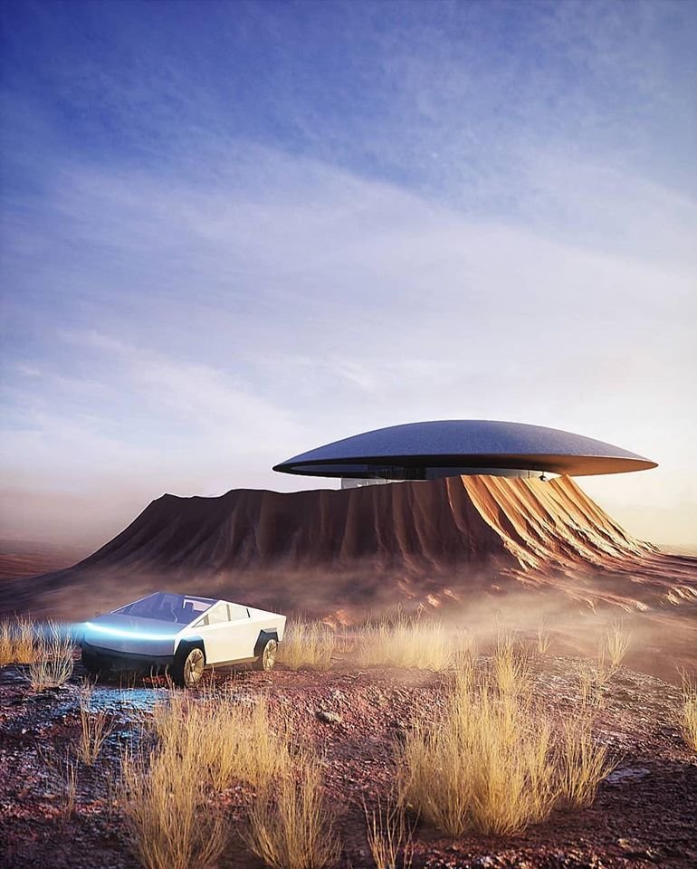 En su visualización arquitectónica de la "Casa del cráter", el arquitecto ha incluido en el paisaje un Cybertruck de Tesla.