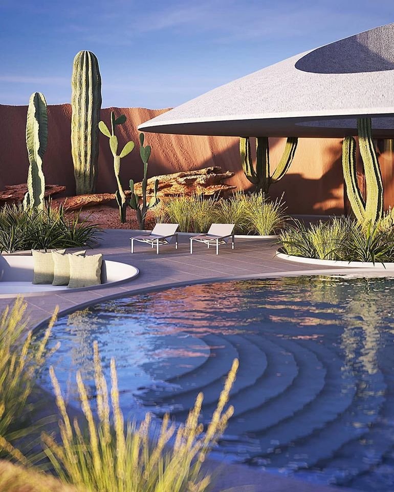 Recreación virtual del jardín de cáctus y saguaros marcianos de la "Casa del cráter".