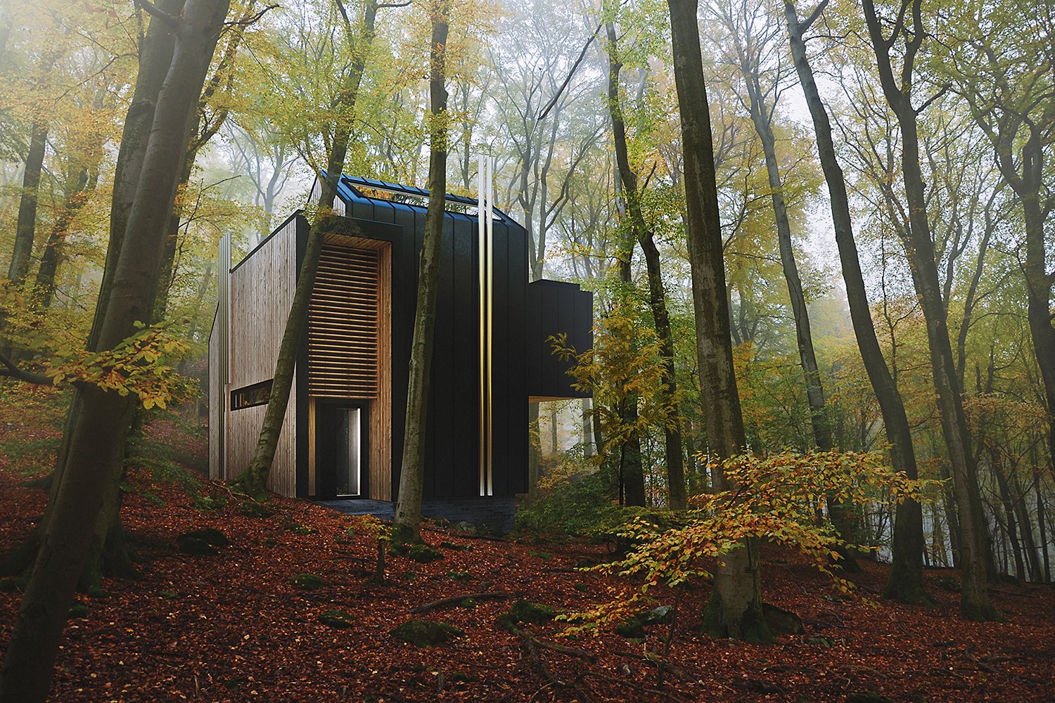 Casa prefabricada de madera en el bosque.