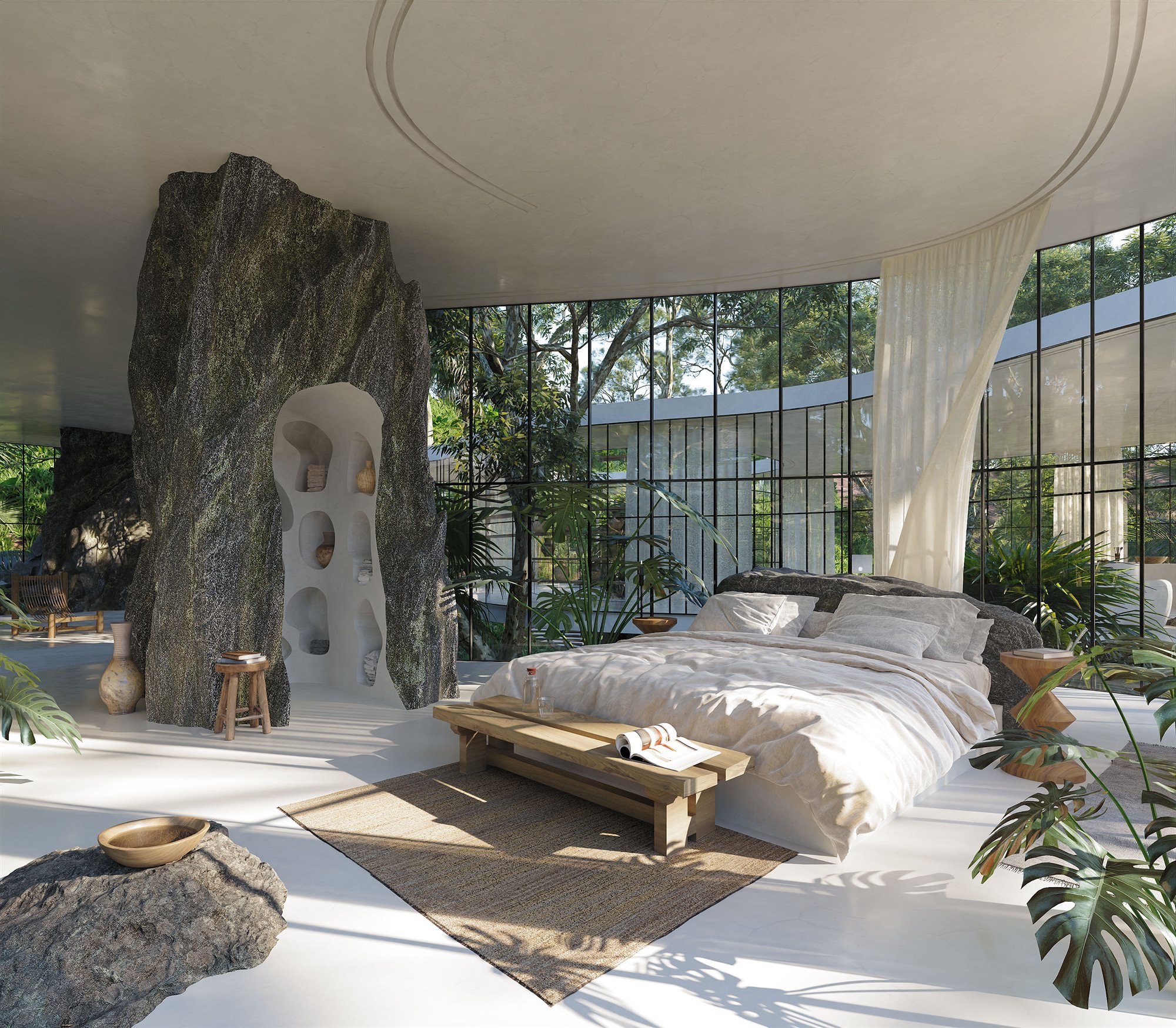 dormitorio de una casa moderna en mitad del bosque con paredes de cristal
