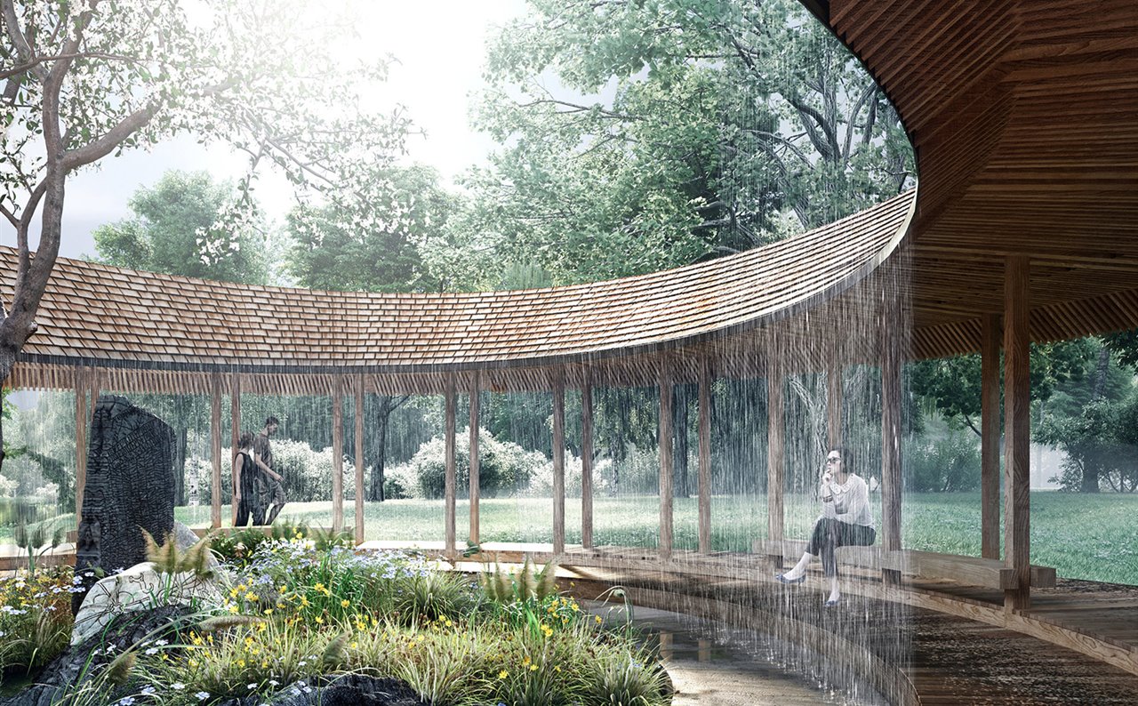 Una galería circular abierta por ambos lados rodea el patio central, con elementos paisajísticos de inspiración nórdica y japonesa.