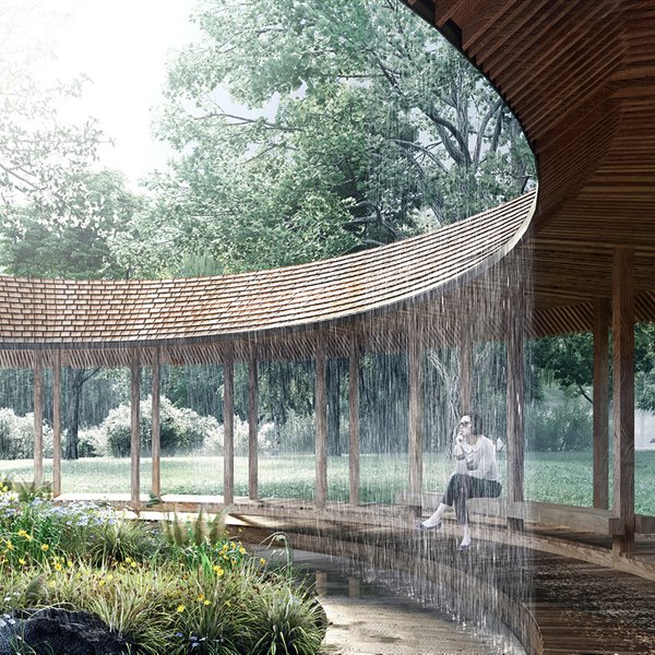 Una galería circular abierta por ambos lados rodea el patio central, con elementos paisajísticos de inspiración nórdica y japonesa.