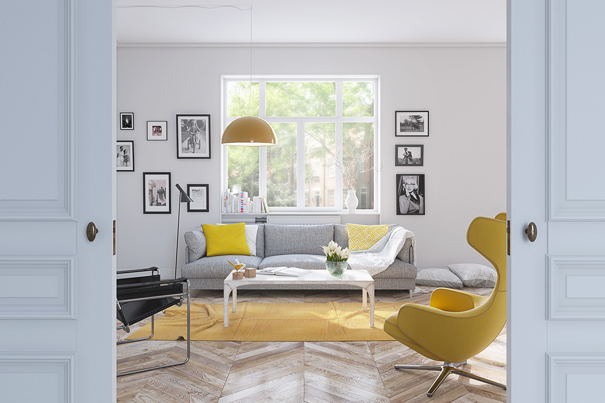 salon con muebels de color amarillo y paredes de color gris