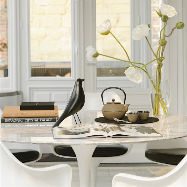 comedor con mesa redonda de color blanco y pajaro negro