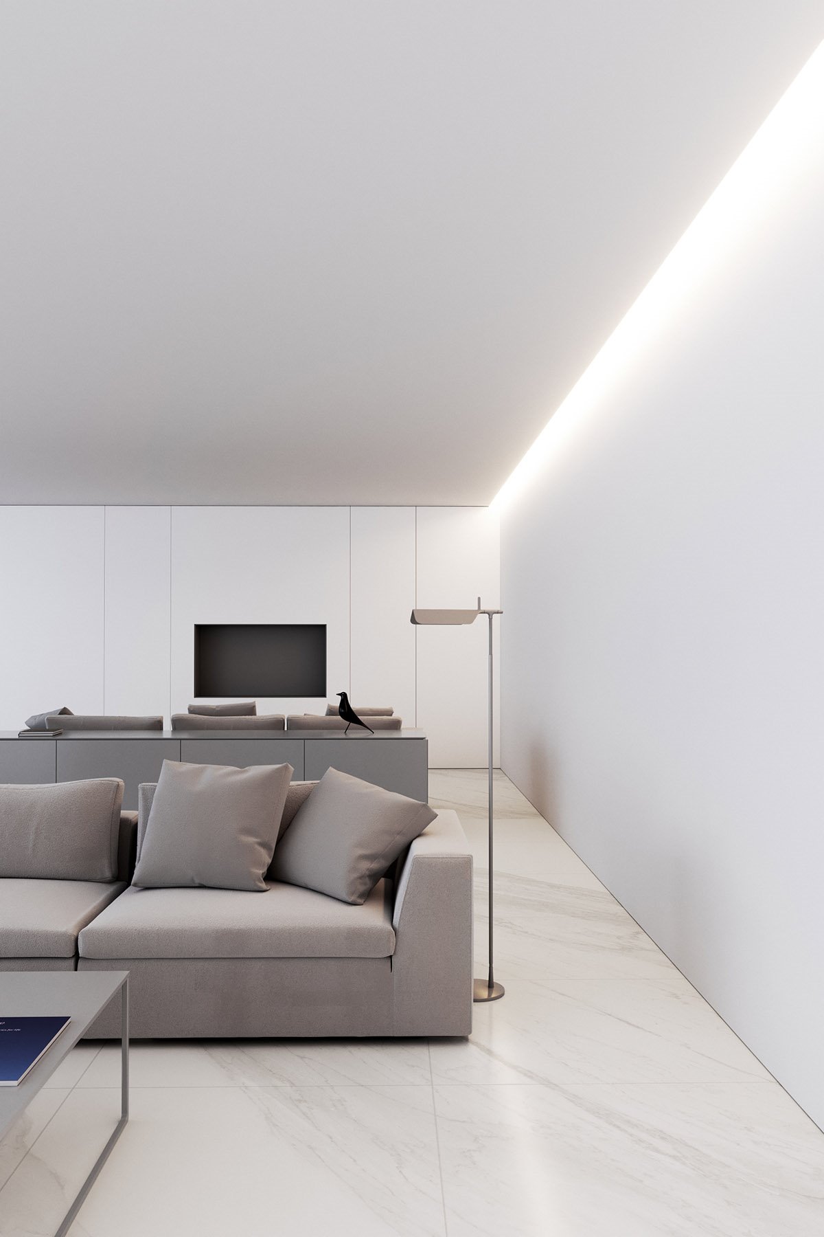 Salon minimalista con lampara y decoracion