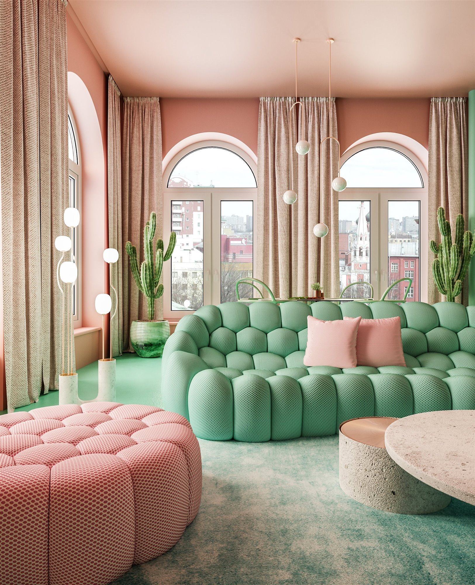 Salón con paredes y puff rosa y sofá y suelos en verde. 