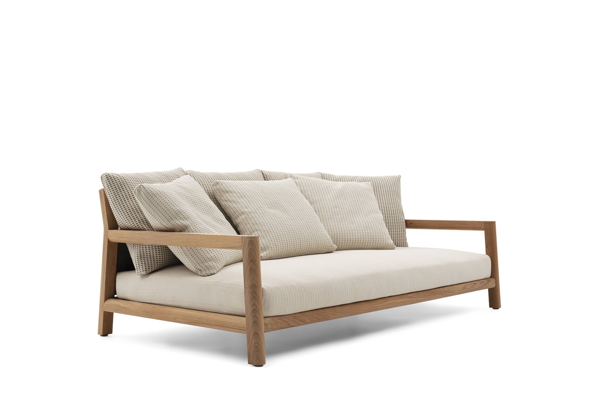 sofá de exterior en madera y blanco