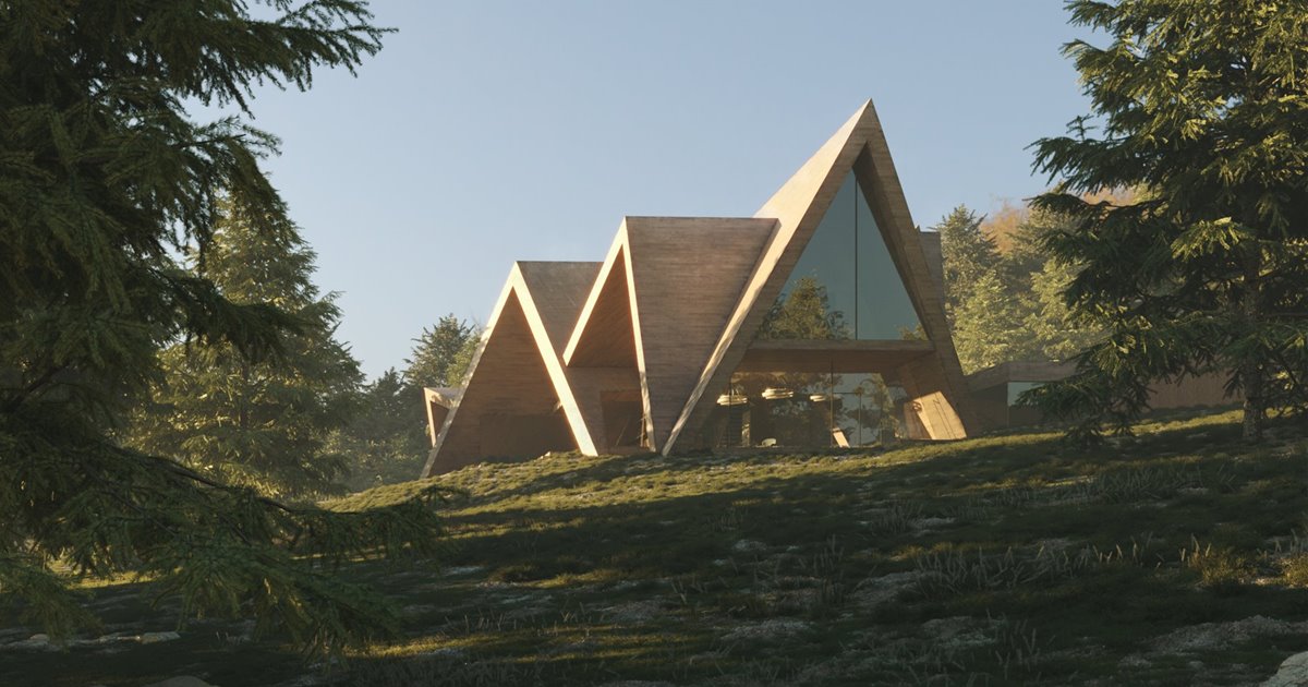 Una cabaña en el bosque con forma de prisma triangular