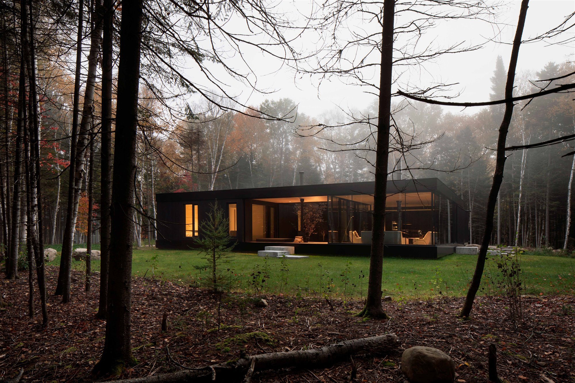 fachada de una casa de cristal en medio del bosque.
