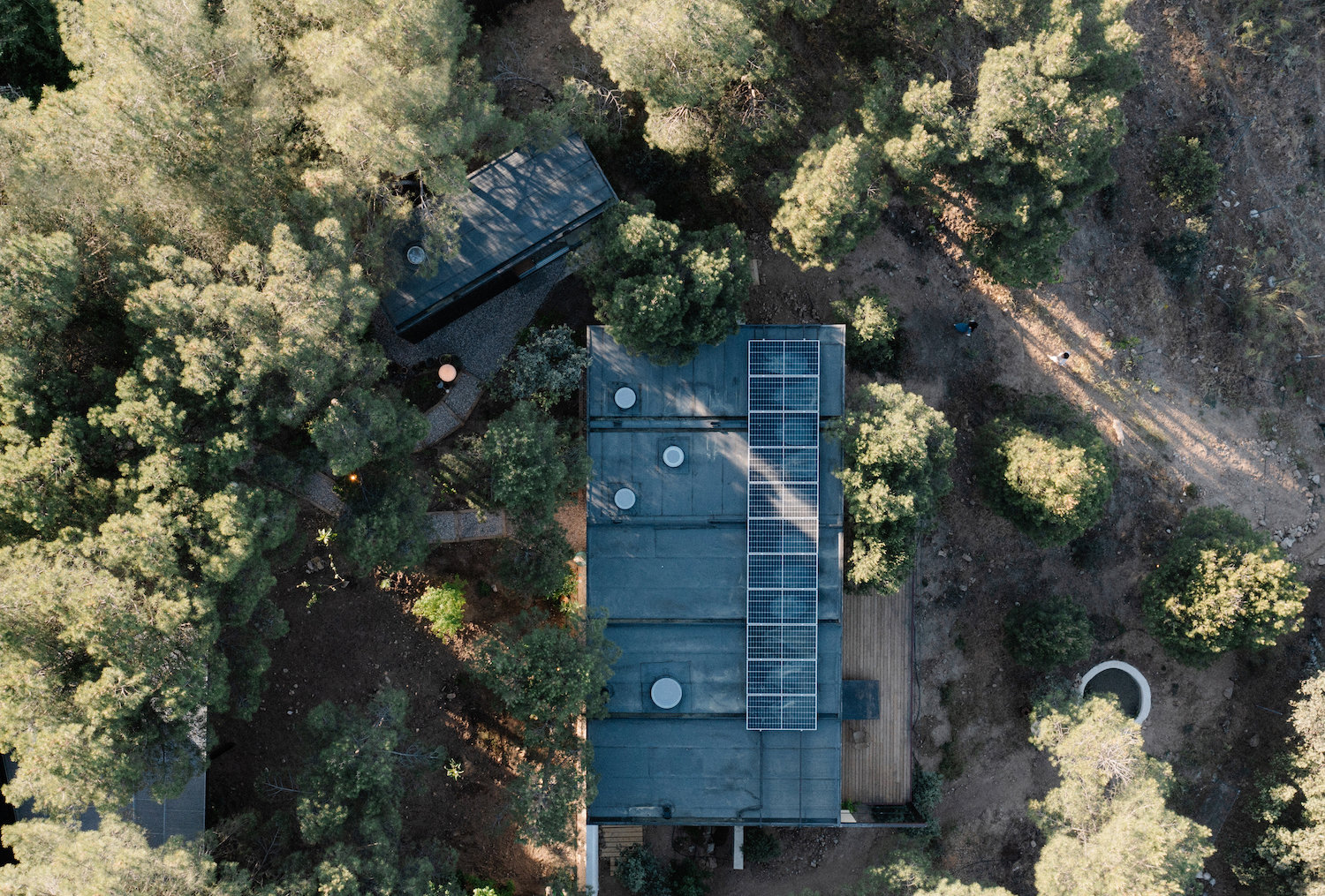 Imagen panorámica de una casa prefabricada en medio del bosque.