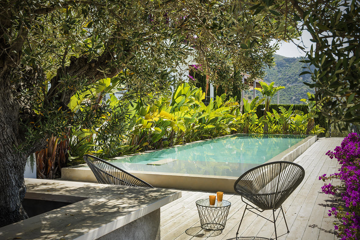 Piscina rodeada de plantas y una pareja de sillas Acapulco.