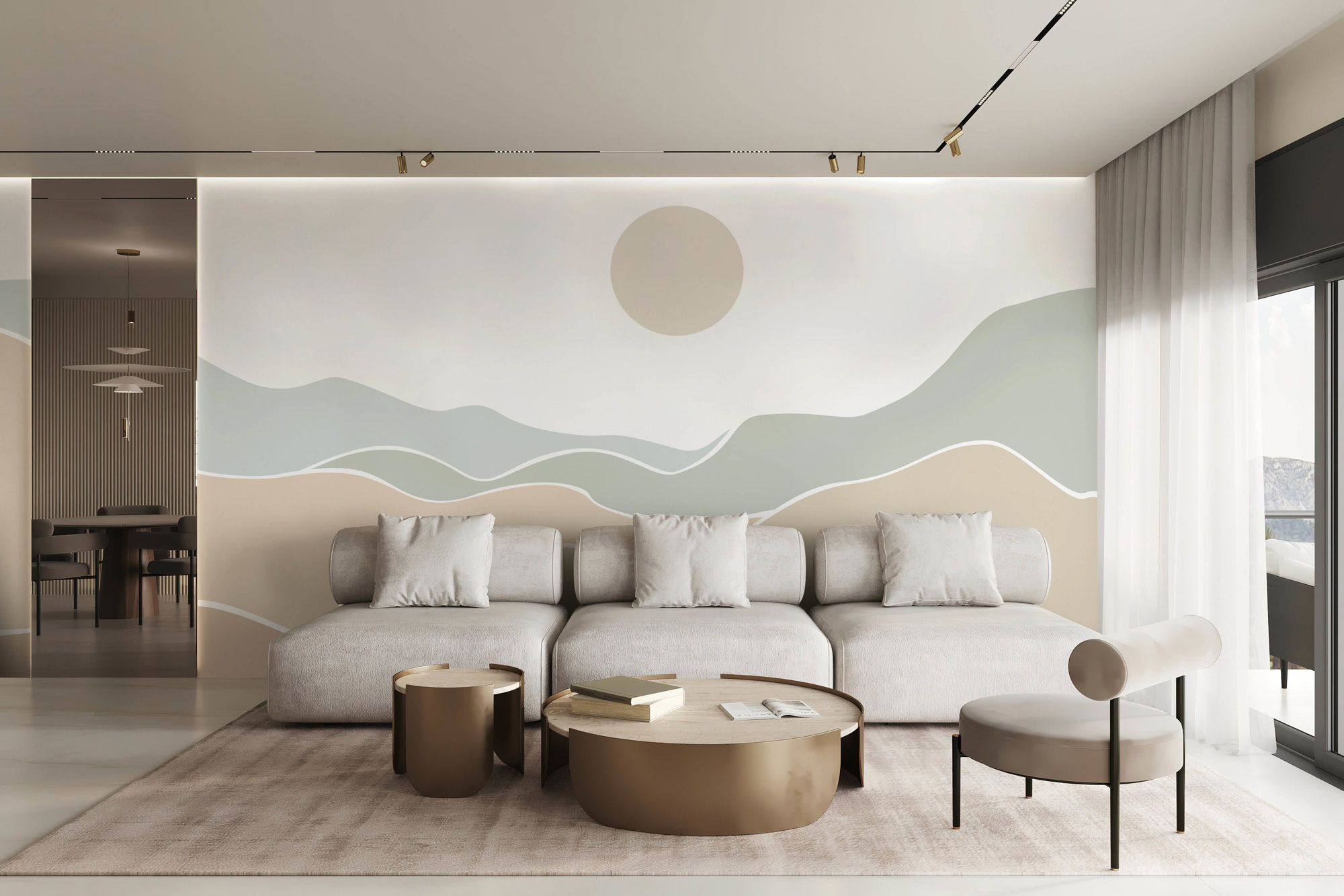 Salón con papel pintado con paisaje minimalista de  Wellpapers.