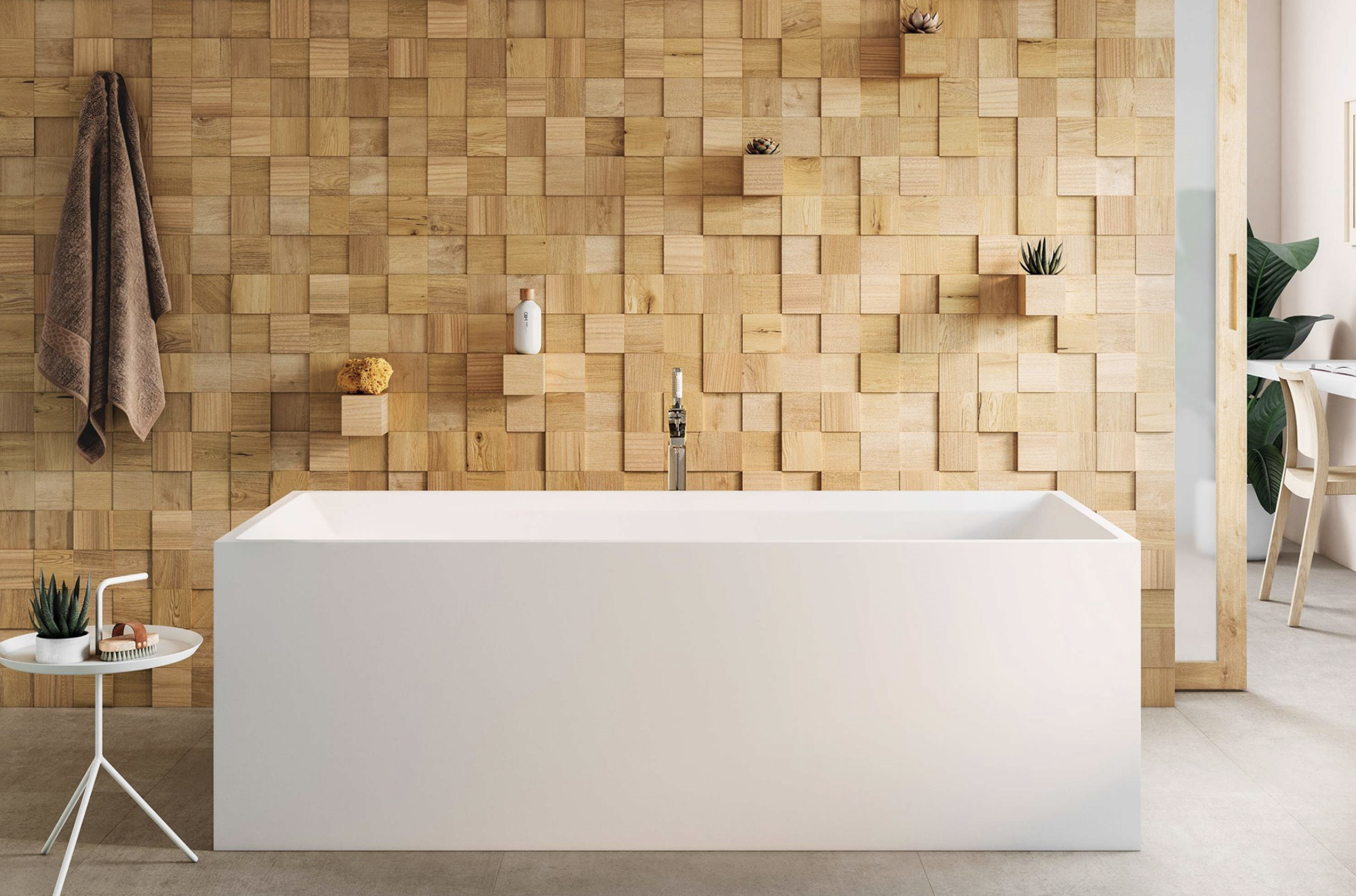 bañera exenta cuadrada con pared separadora de madera