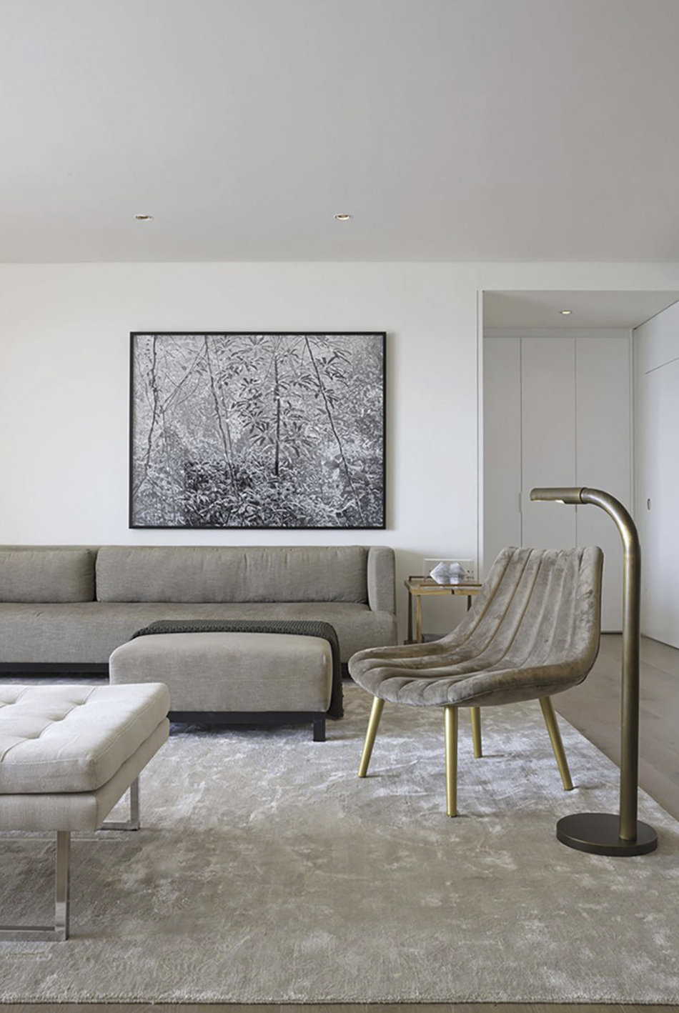 salón con sofa, butaca y alfombra en gris