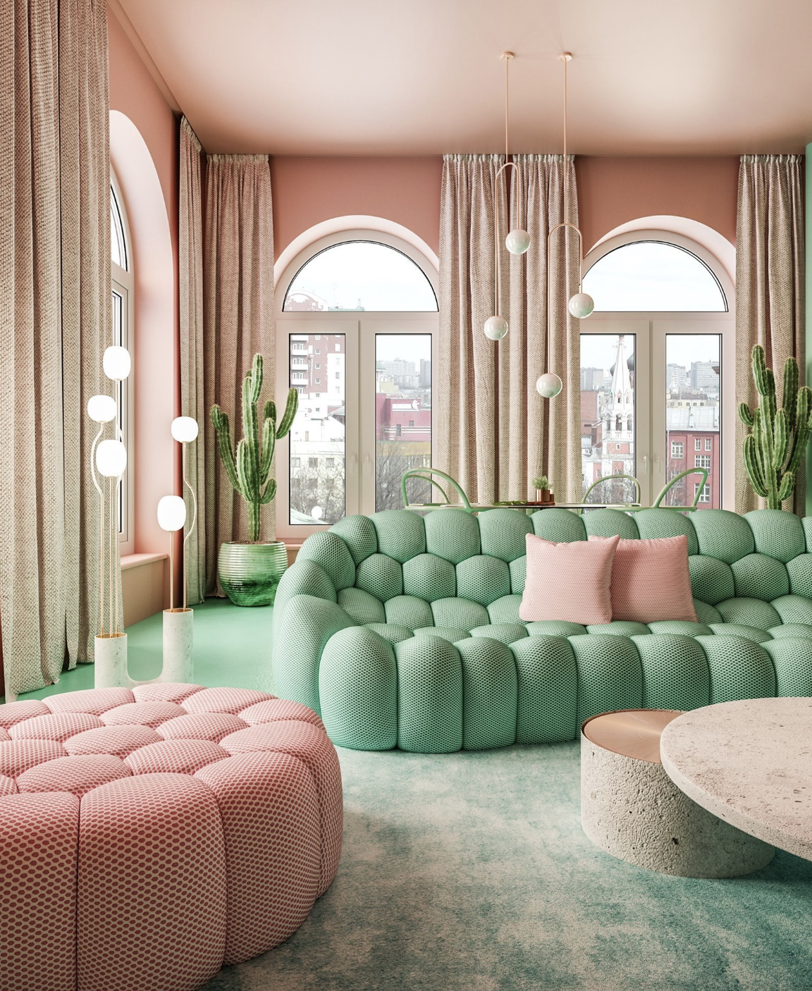 sofas verde y rosa