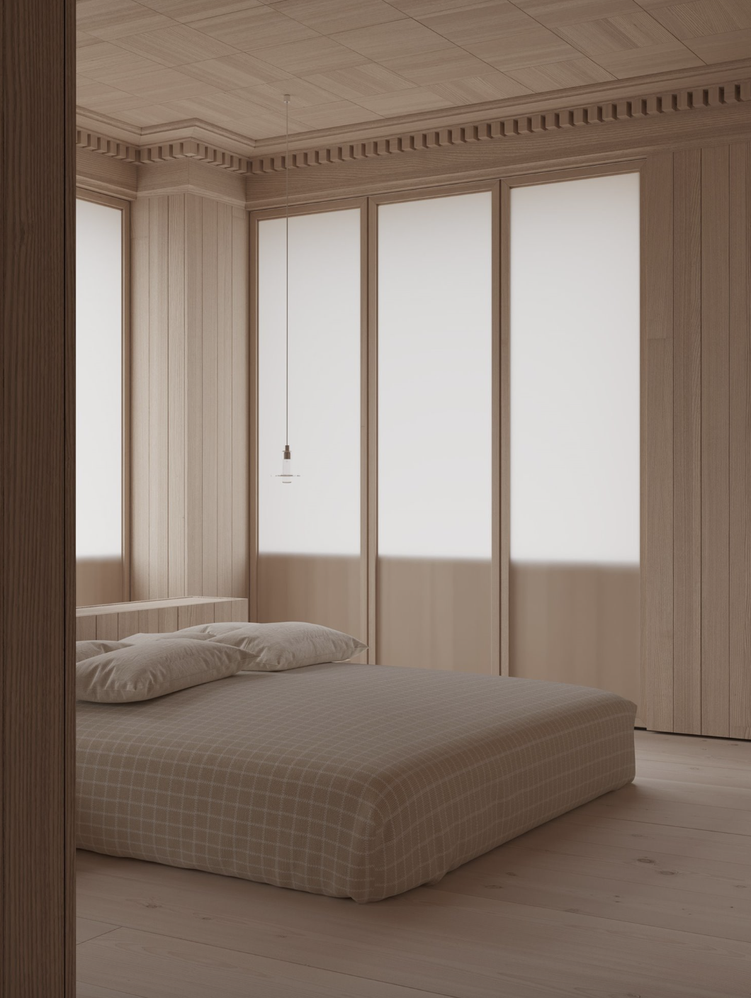 dormitorio en beige con molduras y techos altos