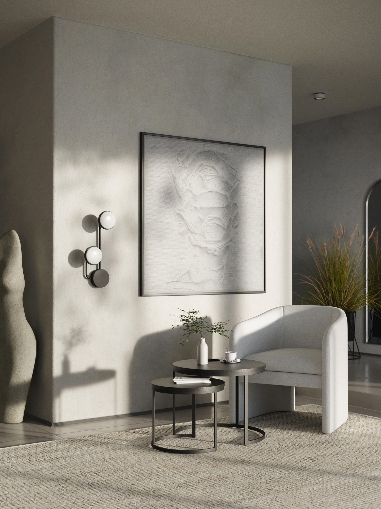 Habitación con luz natural y aplique de luces led en la pared para aprovechar la decoración vertical. También vemos un cuadro abstracto en tonos blancos y grises y un sillón con una mesita de centro negra. 