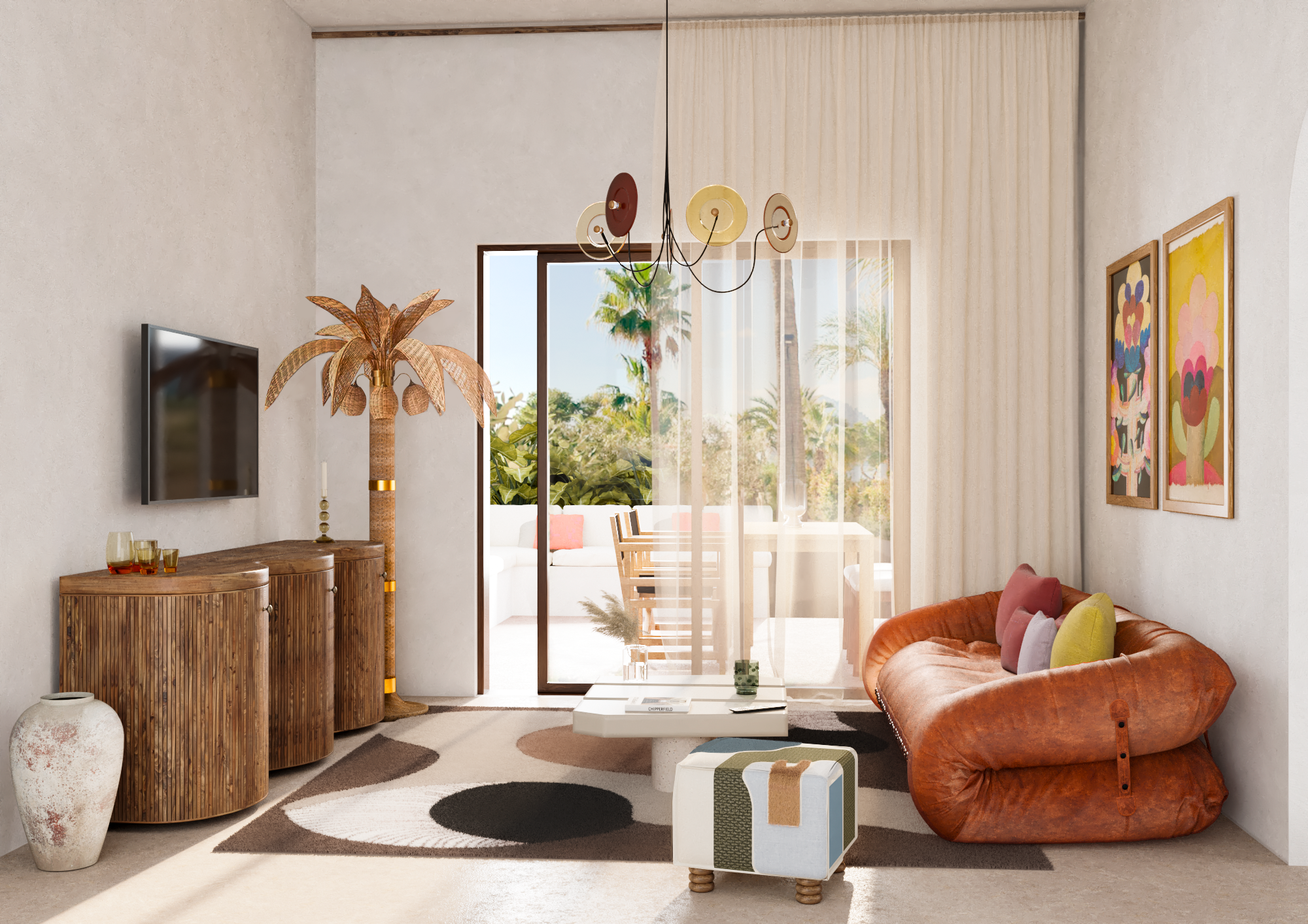 habitacion con sofa marron, una palmera y cortinas blancas