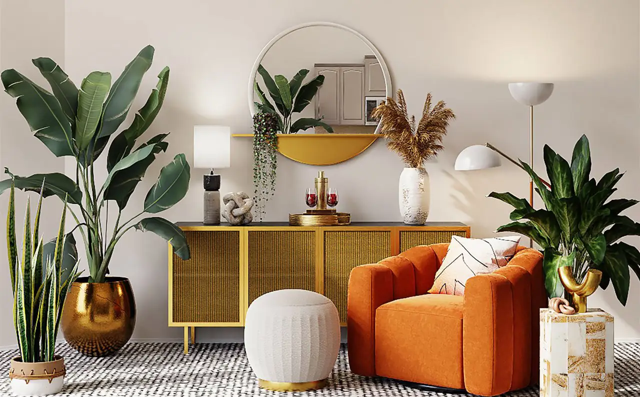 sofa naranja rodeado de plantas