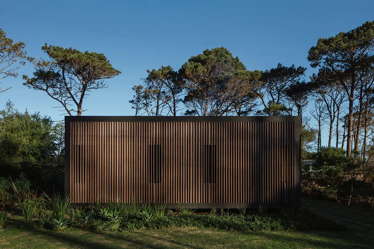 El módulo que acoge las habitaciones presenta una fachada de pequeñas ventanas verticales cerrada por una celosía de lamas de madera.