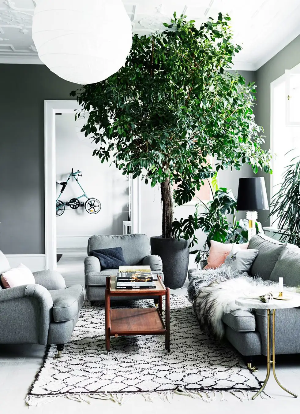 Salon con plantas y sofas y paredes de color gris