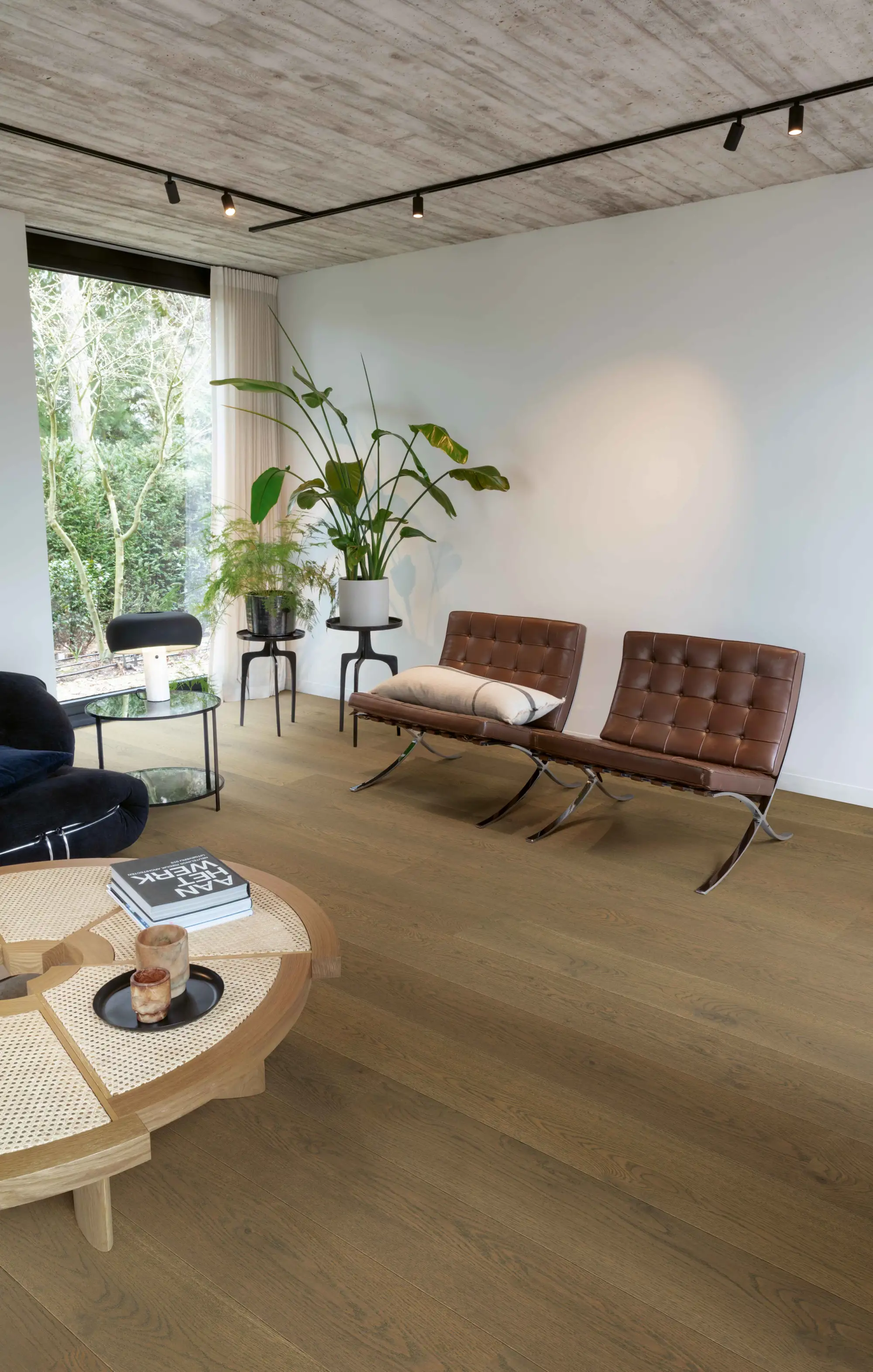 Salón con suelo de madera y sillas Barcelona