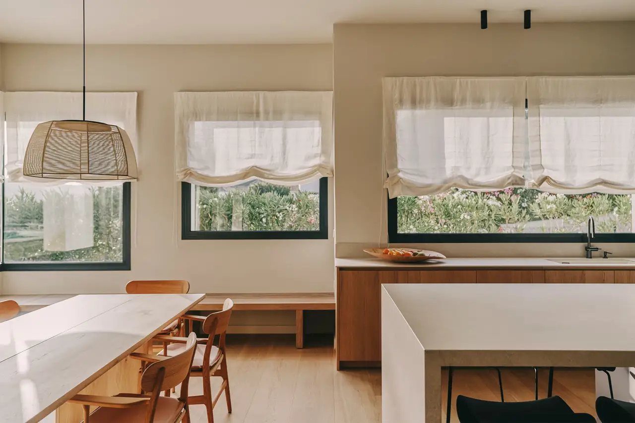 Cocina abierta de diseño neutro. La zona de encimera se ilumina con downlights; el comedor, con una lámpara de techo