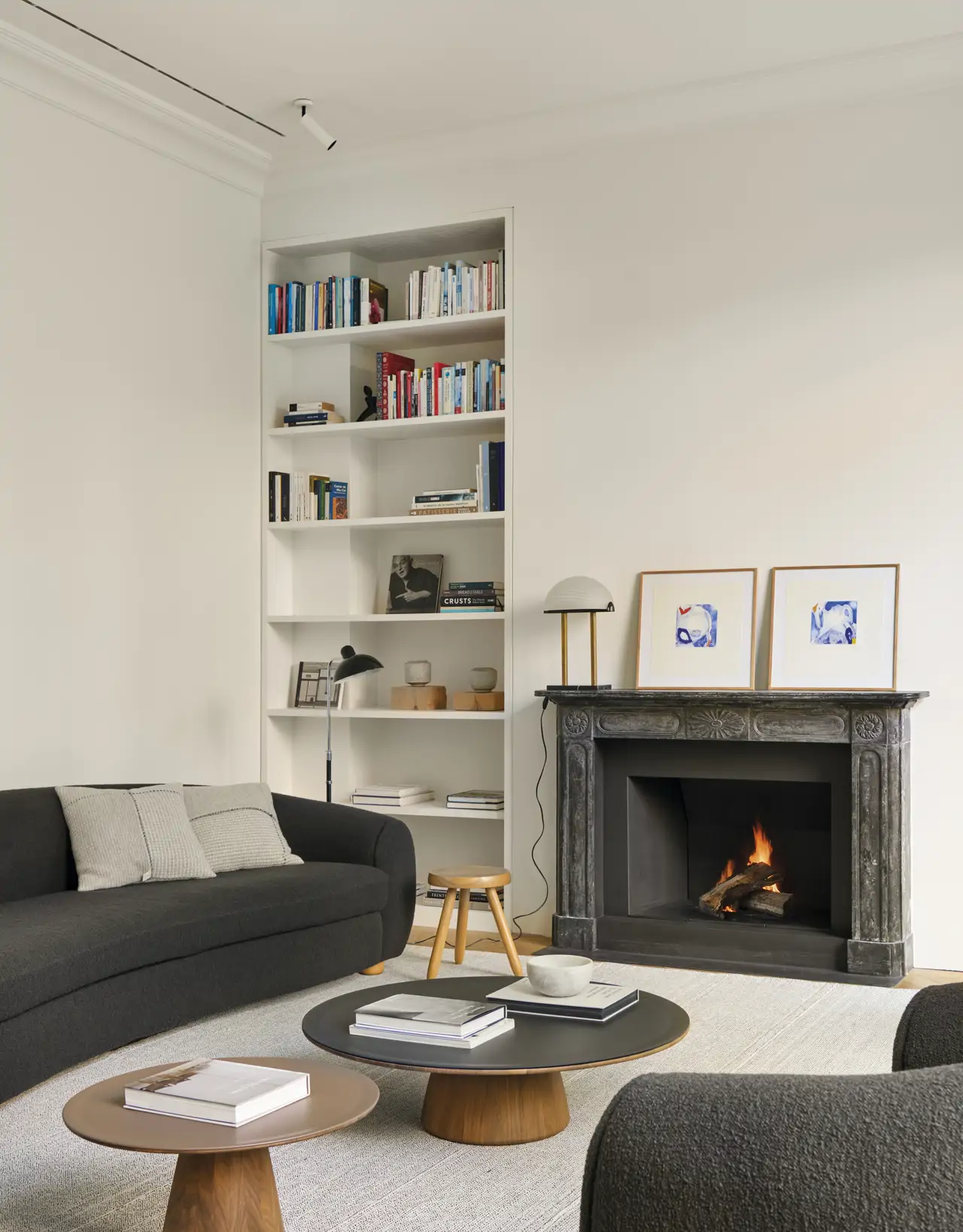 Salón con librería y chimenea