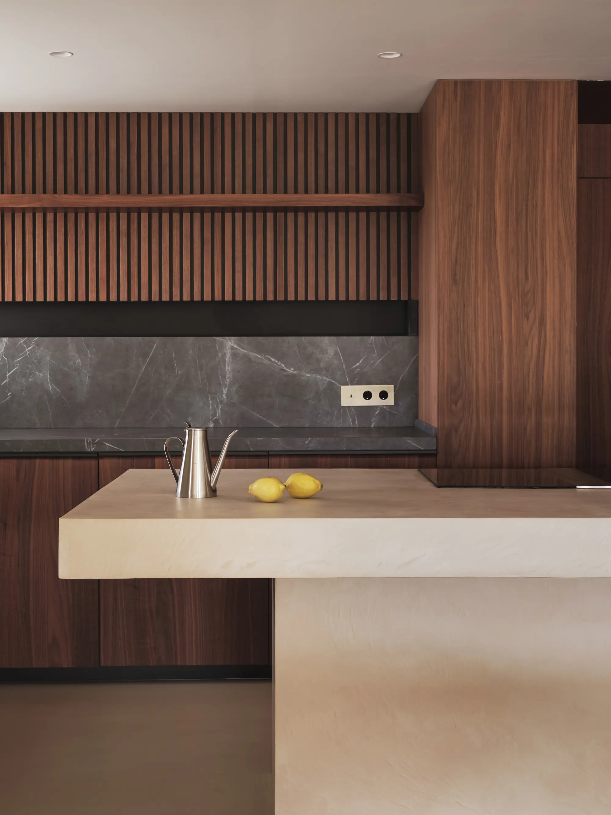 isla de cocina y madera detras