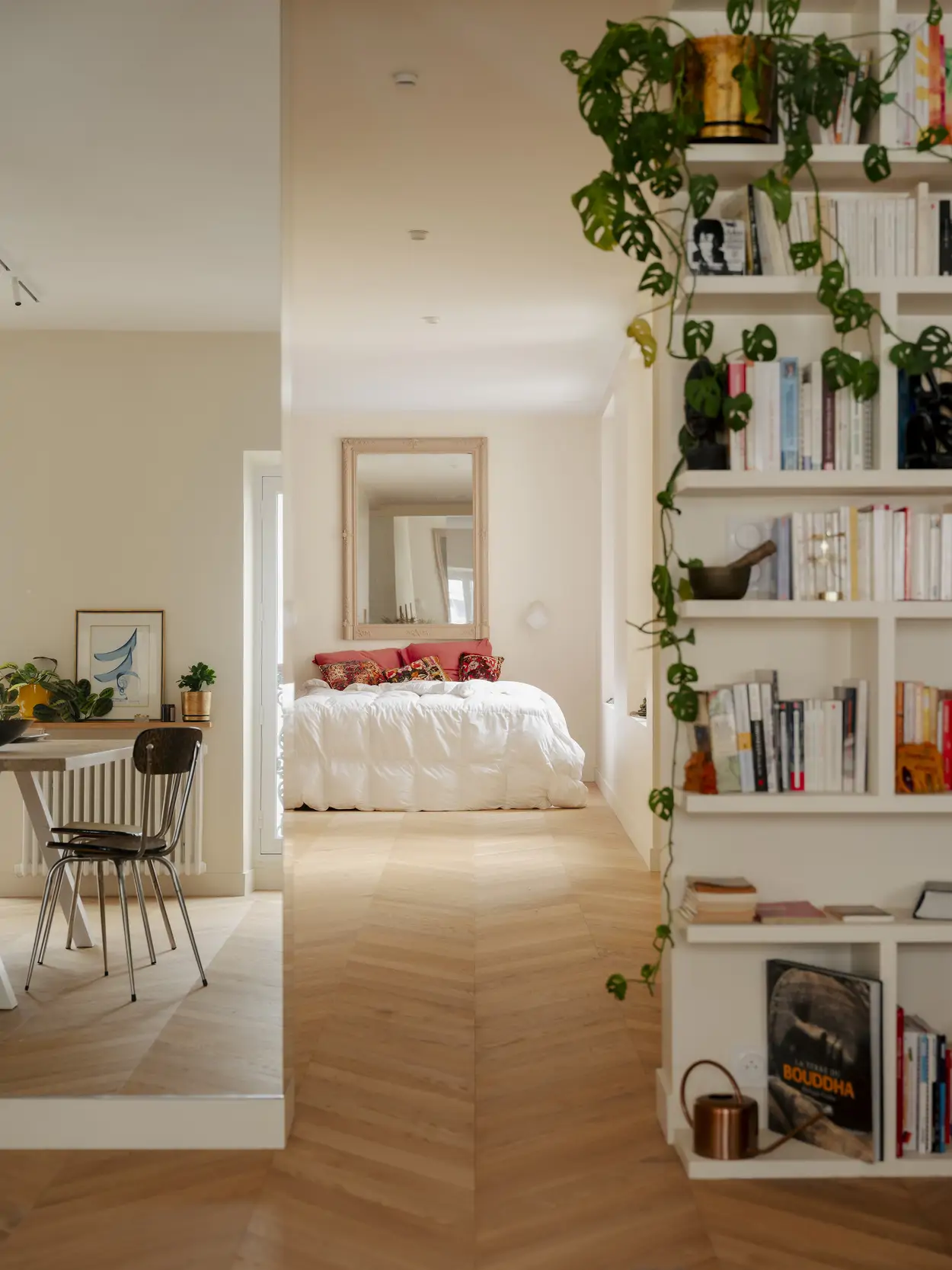 Estantería y dormitorio abierto