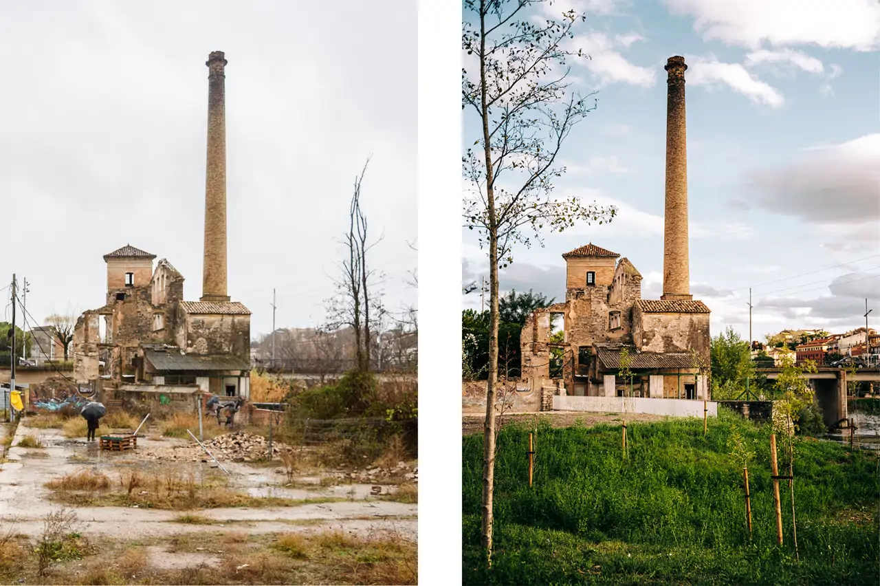'Antes y después' de la renaturalización de una zona industrial en Sallent de Llobregat (2020): un proyecto de OASI seleccionado en 2002 para el Premio Europeo del Espacio Público Urbano