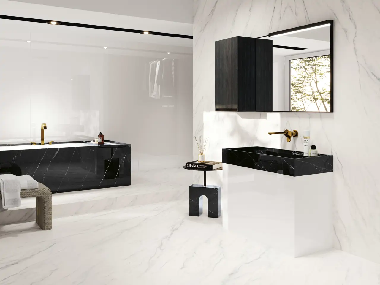 ETERNAL WHITE   + CALACATTA CLASSIC SILK 160x320 + MARQUINA GLOSS POLISHED 160x320 BAÑO