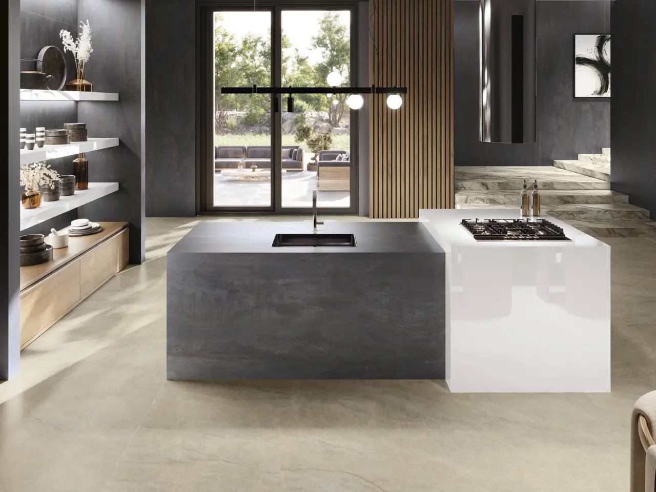 ETERNAL WHITE   + COPPER 160x320 + TERRE DI BOLGHERI 160x320 + TAJ MAHAL 160x320 COCINA