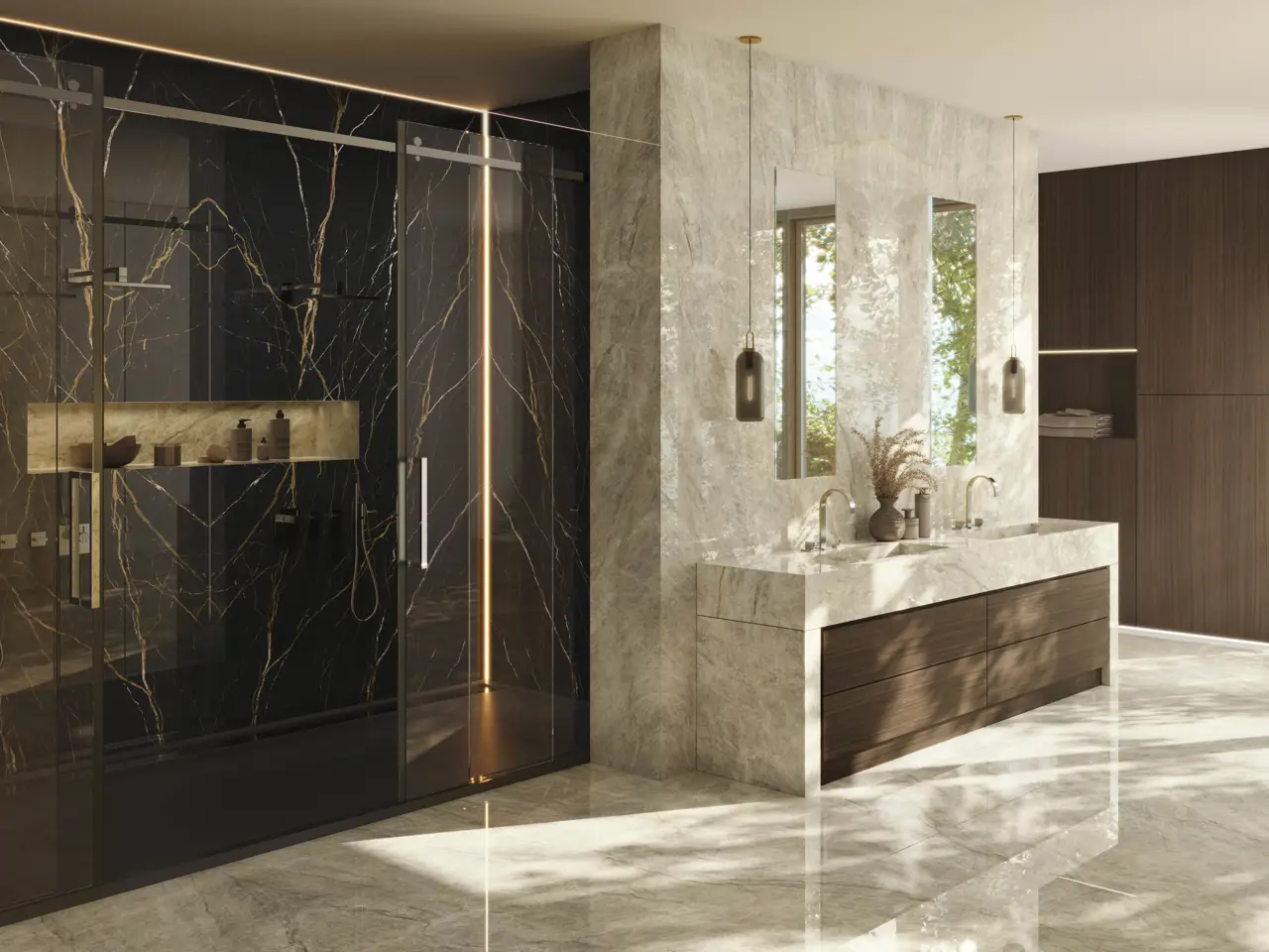 TAJ MAHAL GLOSS POLISHED   + LAURENT BOOKMATCH GLOSS POLISHED 160x320 BAÑO