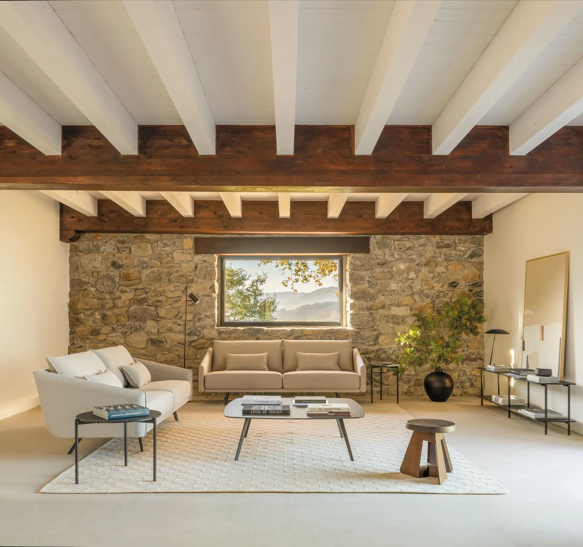 Salón con pared del sofá de piedra y estilo rústico